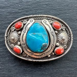 STERLING SILVER TURQUOISE & CORAL HORSESHOE BELT BUCKLE.